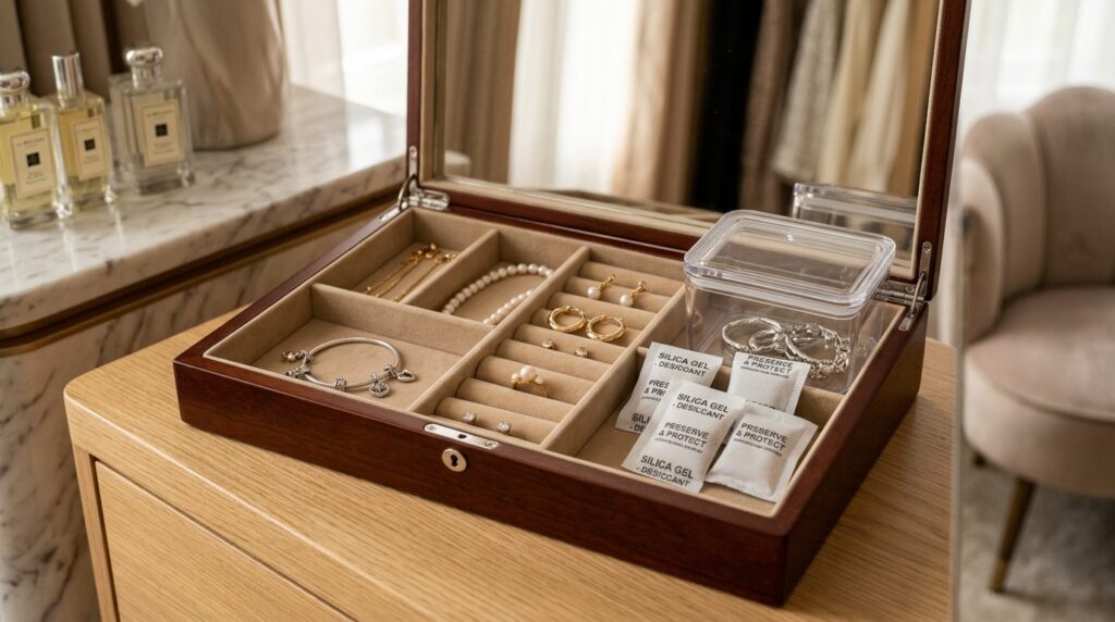 Elegant jewelry display featuring delicate gold, silver and